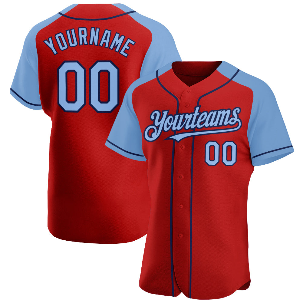 Custom Red Light Blue-Navy Authentic Raglan Sleeves Baseball