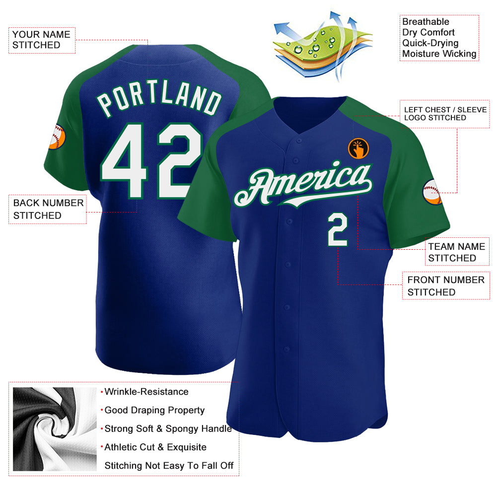Custom White Royal Kelly Green Crew Neck Personalized Raglan Long Sleeve Performance T-shirt main image 1