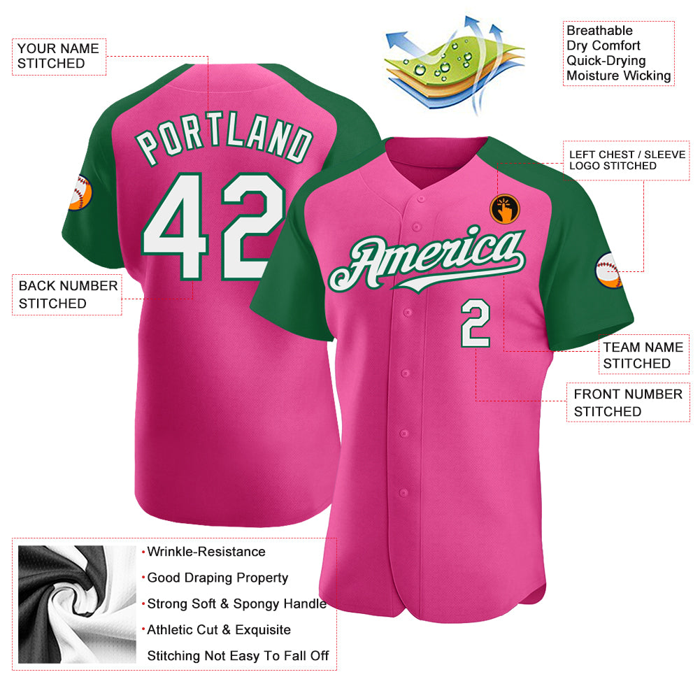 Custom Pink White-Kelly Green Authentic Raglan Sleeves Baseball Jersey  Discount