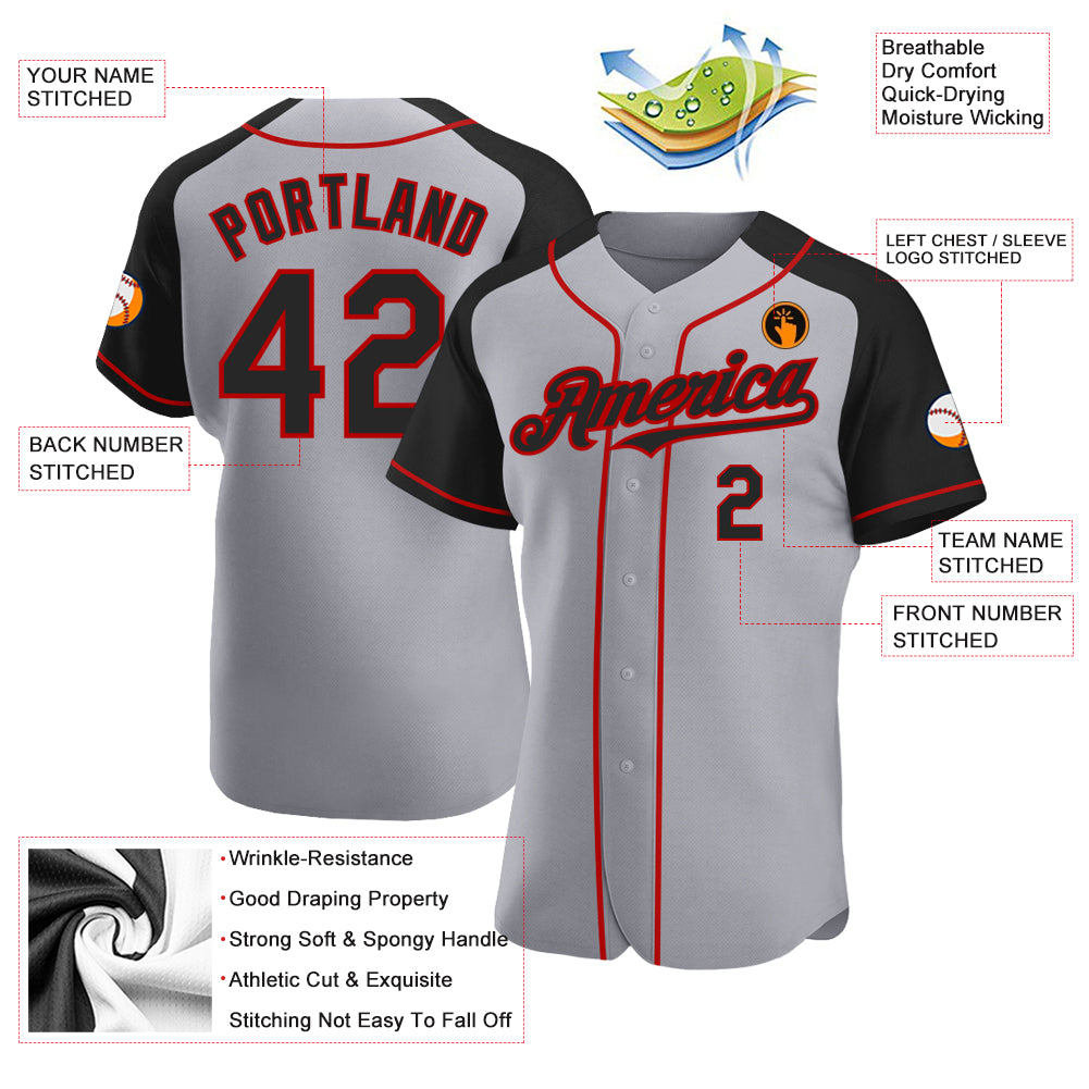 Custom Gray Black-Red Authentic Raglan Sleeves Baseball Jersey