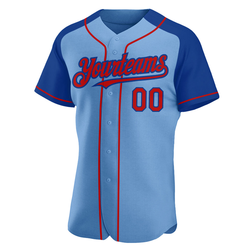 Custom Light Blue Red-Royal Authentic Raglan Sleeves Baseball