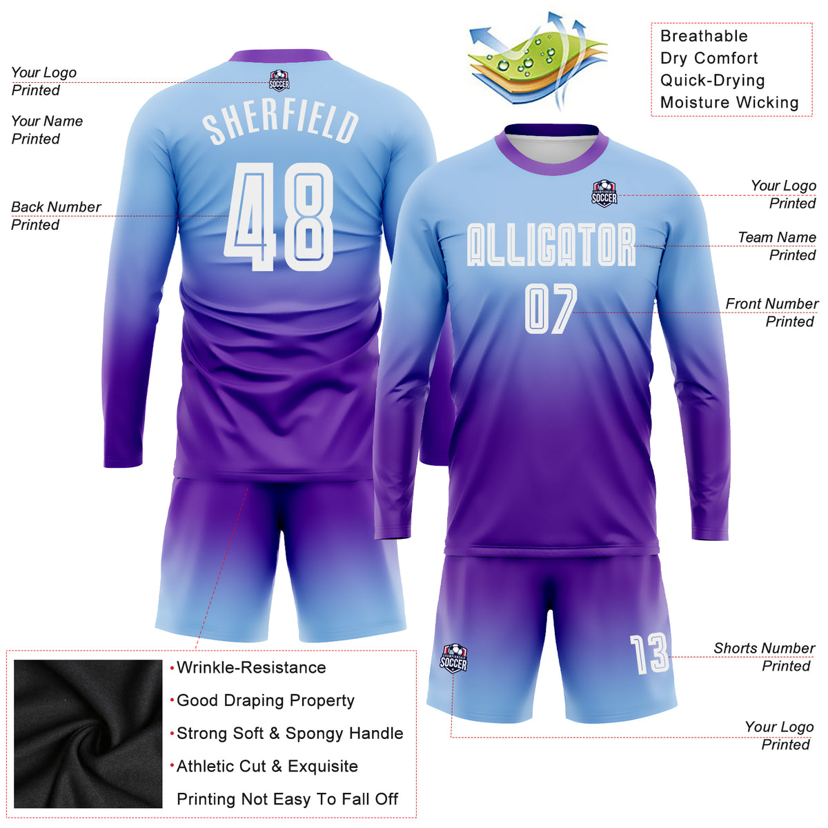 Custom Light Blue White-Purple Sublimation Long Sleeve Fade