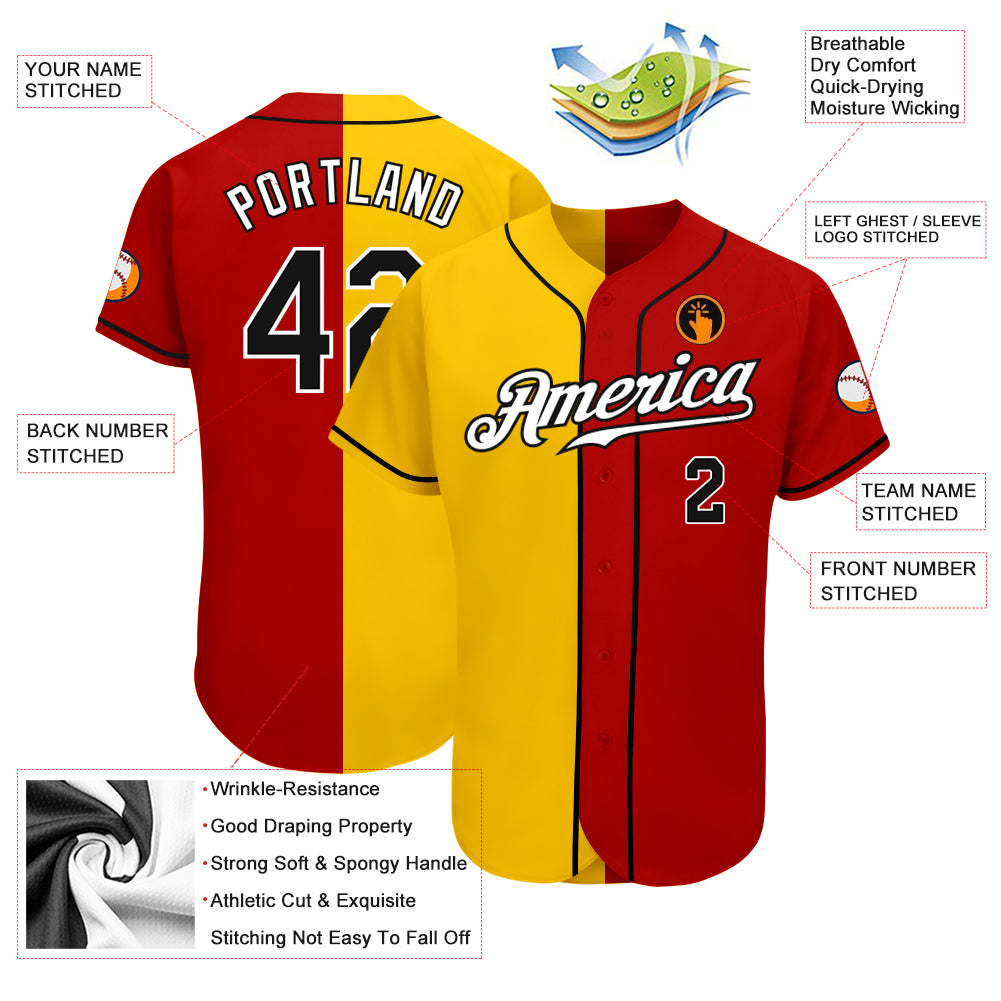 Custom Red Black-Gold Authentic Split Fashion Baseball Jersey Discount