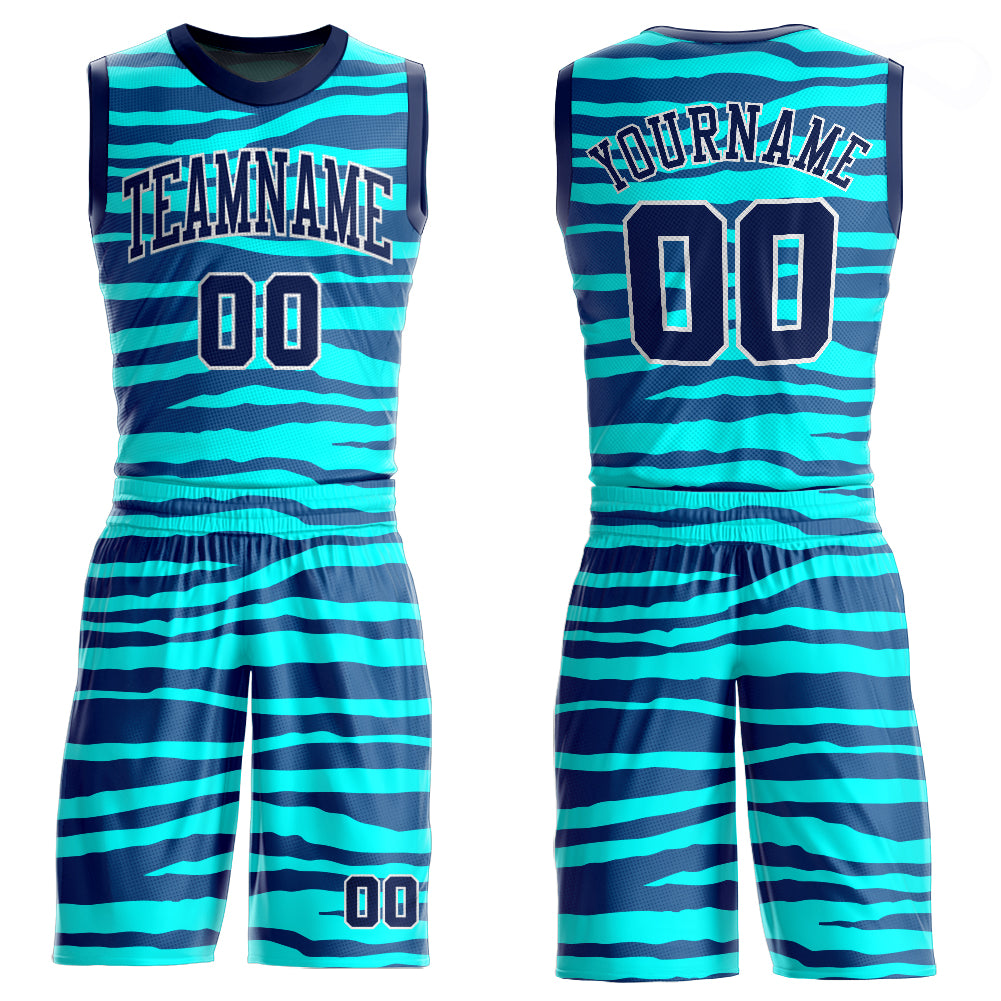 Custom Navy Electric Blue-White Round Neck Sublimation Basketball Suit  Jersey