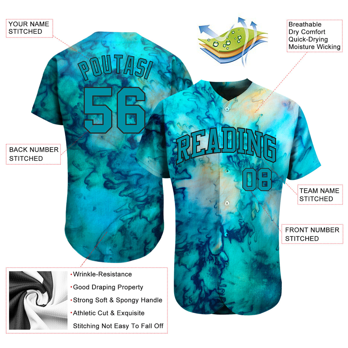 Custom Tie Dye AquaBlack 3D Authentic Baseball Jersey Discount