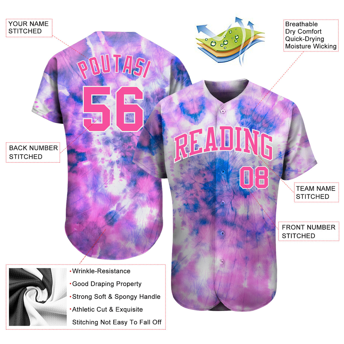 Custom Tie Dye PinkWhite 3D Authentic Baseball Jersey Discount
