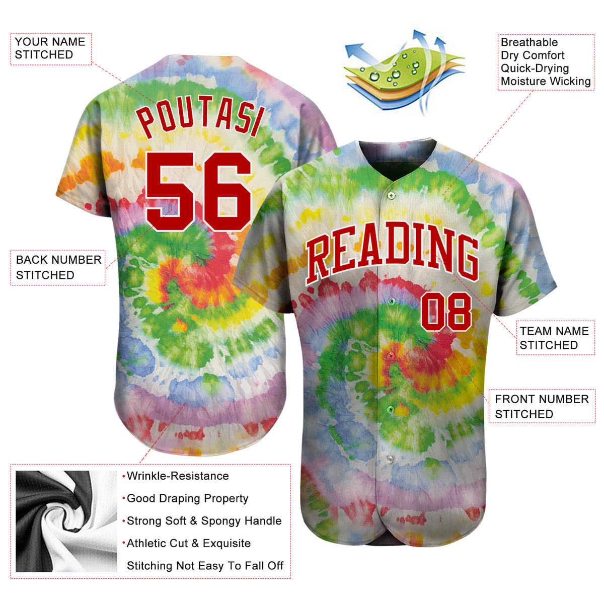 Custom Tie Dye RedWhite 3D Authentic Baseball Jersey Discount