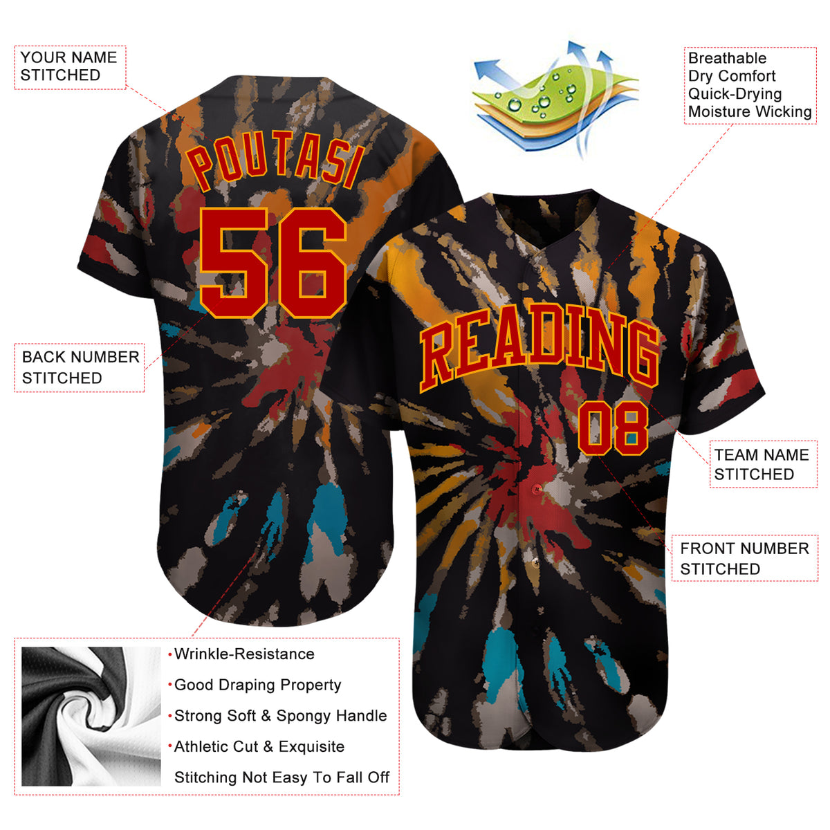 Custom Tie Dye RedGold 3D Authentic Baseball Jersey Discount