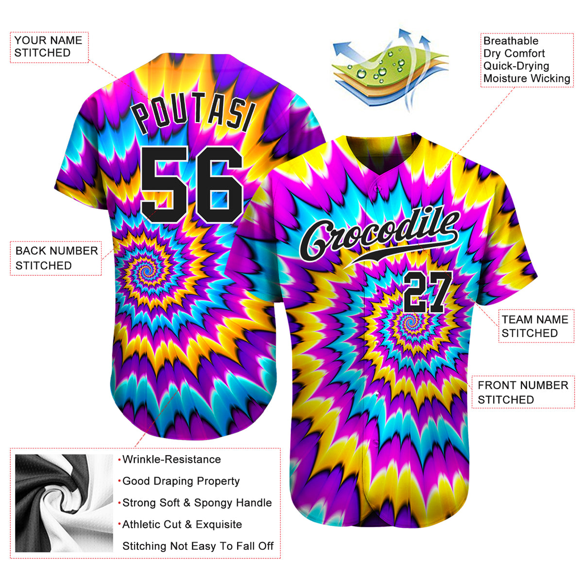 Custom Tie Dye BlackWhite 3D Authentic Baseball Jersey Discount