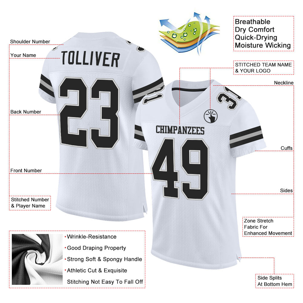 Custom White Black-Gray Mesh Authentic Football Jersey Discount