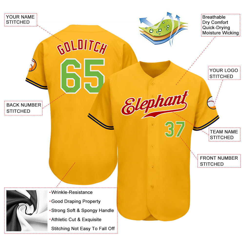 Custom Gold Neon Green-Red Authentic Baseball Jersey Discount