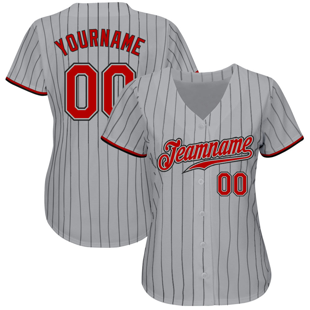 Custom Gray Black Pinstripe Red-Black Authentic Baseball Jersey Discount