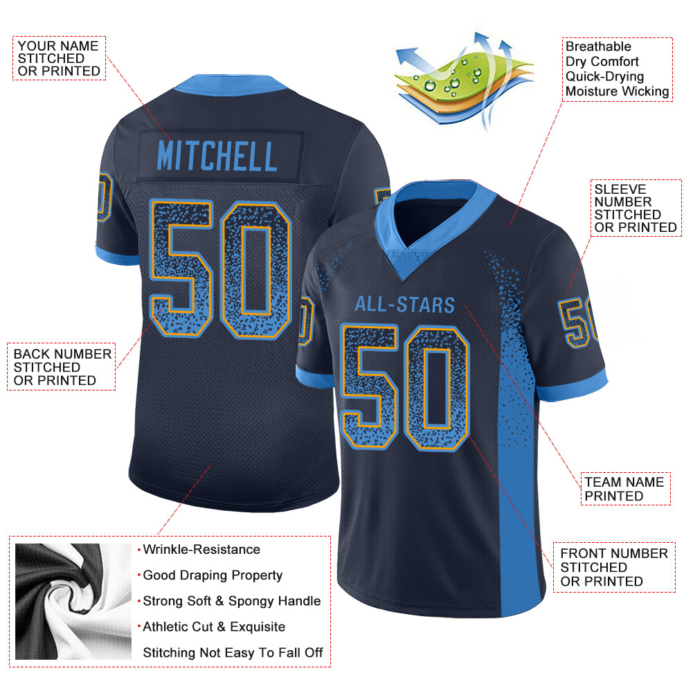 Custom Navy Powder Blue-Gold Mesh Drift Fashion Football Jersey