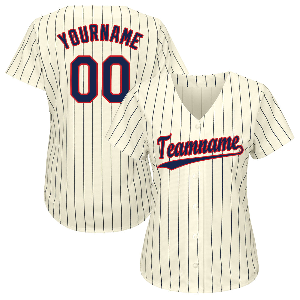 Custom Cream Navy Pinstripe Navy-Red Baseball Jersey