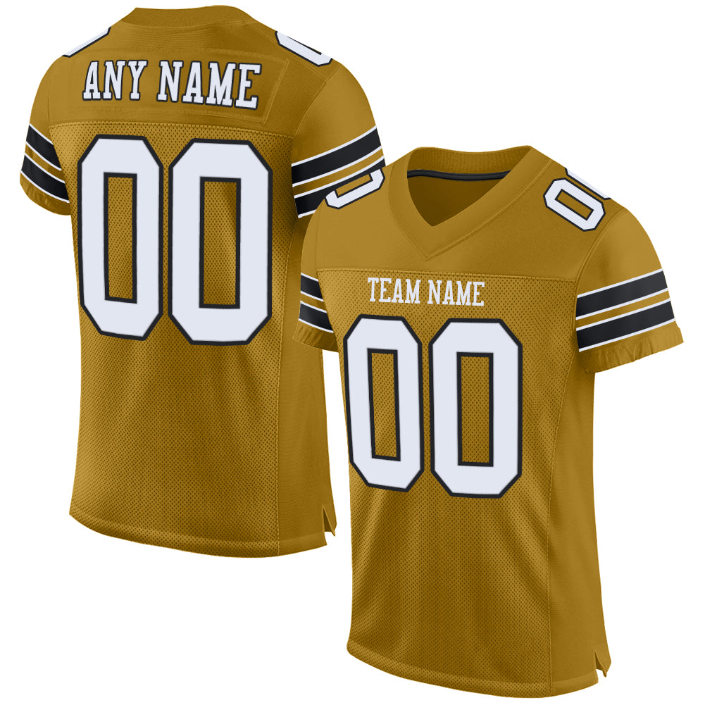 Custom Team Black Football Authentic Old Gold Mesh Jersey White