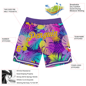 Custom Purple Gold-White 3D Pattern Design Tropical Palm Leaves Authentic Basketball Shorts