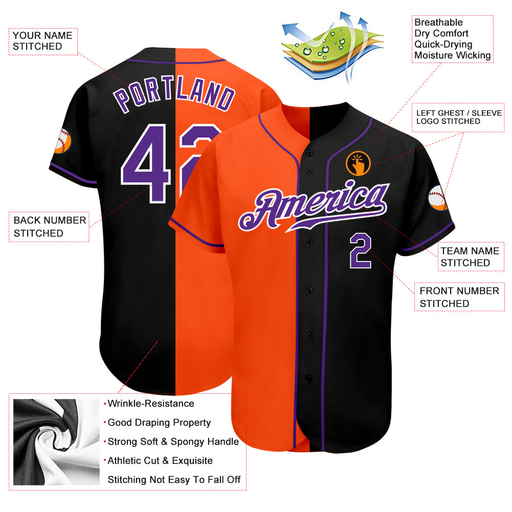Custom Black Purple-Orange Authentic Split Fashion Baseball Jersey Discount