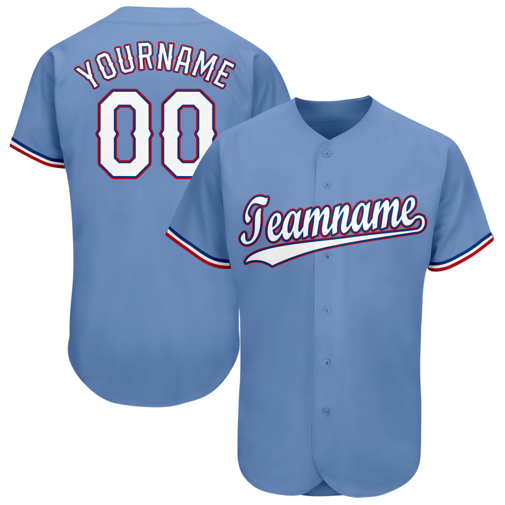 light blue and red baseball jersey