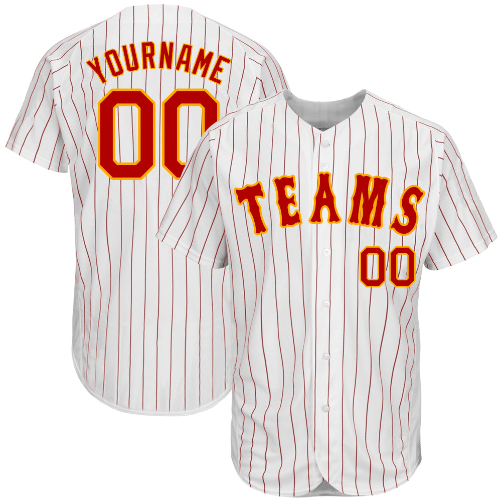 Custom Team Gold Baseball Authentic White Red Strip Jersey Red