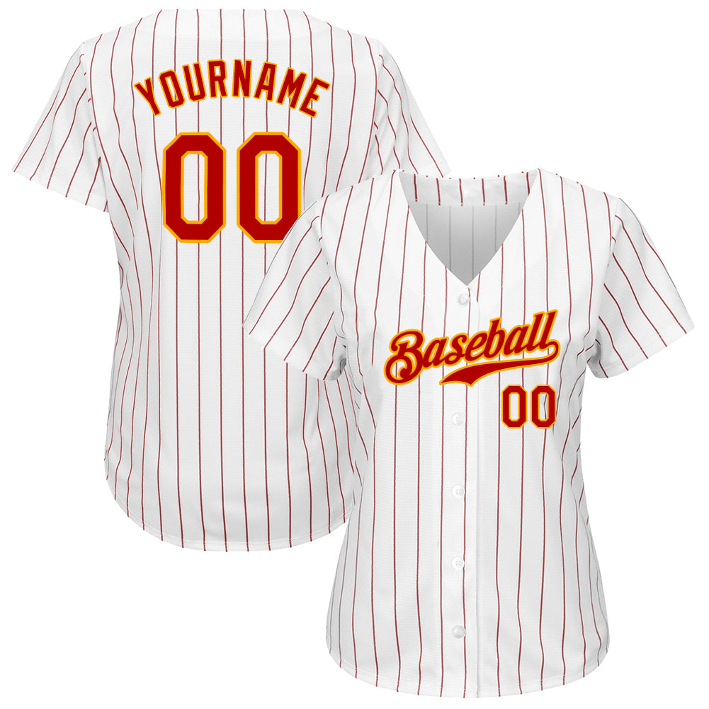 Custom Team Gold Baseball Authentic White Red Strip Jersey Red
