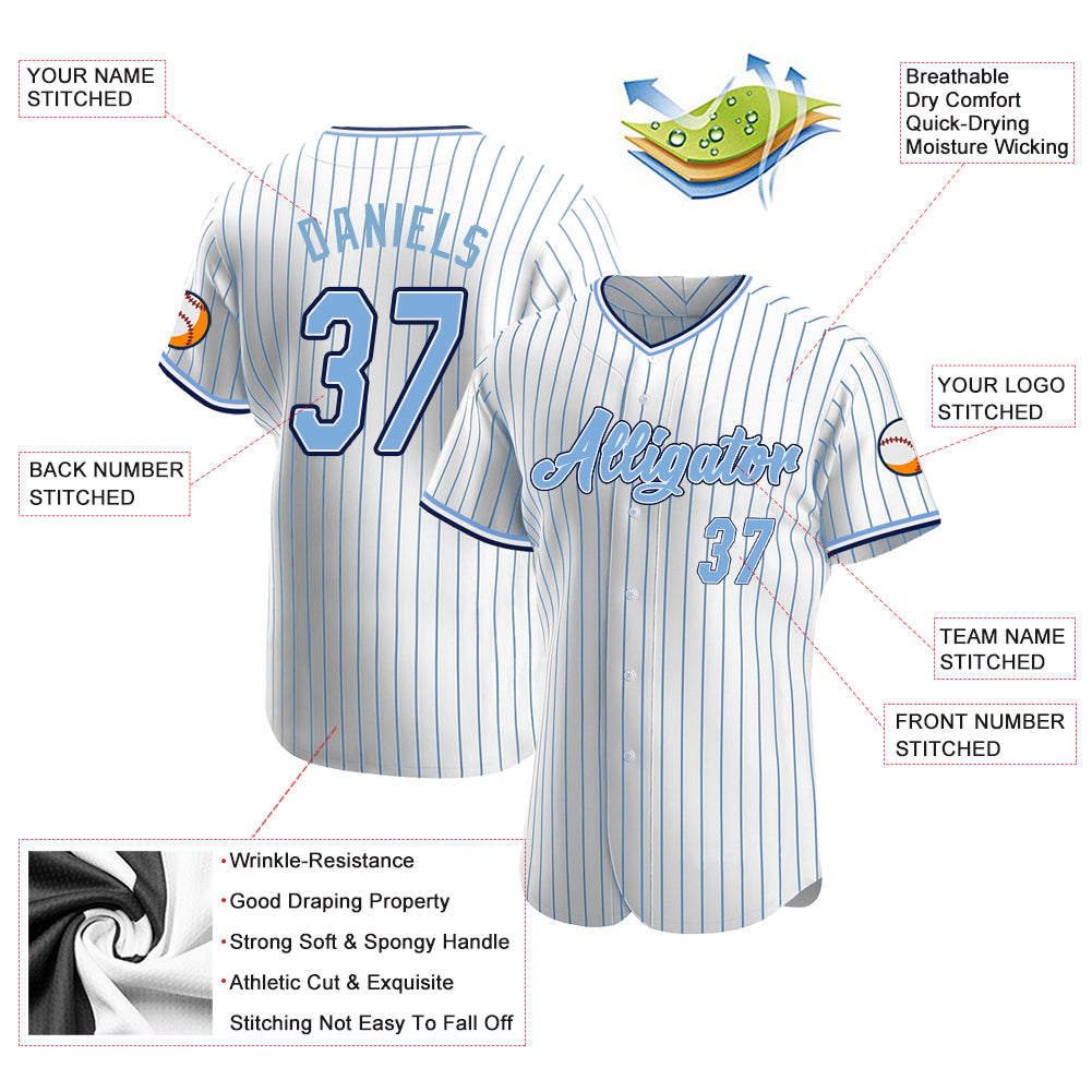Custom Team Navy Baseball Authentic White Light Blue Strip Jersey
