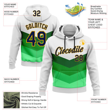 Custom Stitched White Navy Green-Gold 3D Pattern Design Sports Wear Pullover Sweatshirt Hoodie
