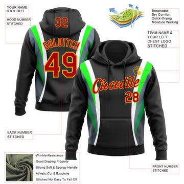 Custom Stitched Black Red White Green-Gold 3D Pattern Design Sports Wear Pullover Sweatshirt Hoodie