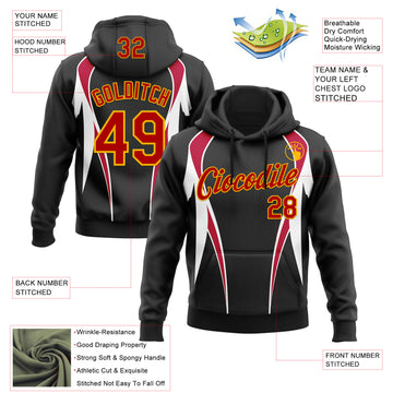 Custom Stitched Black Red White-Gold 3D Pattern Design Sports Wear Pullover Sweatshirt Hoodie