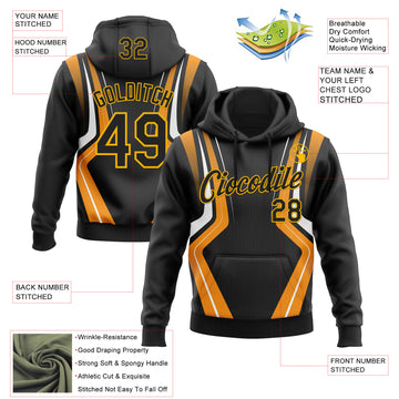 Custom Stitched Black Orange White-Gold 3D Pattern Design Sports Wear Pullover Sweatshirt Hoodie