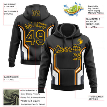 Custom Stitched Black Orange White-Gold 3D Pattern Design Sports Wear Pullover Sweatshirt Hoodie