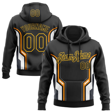 Custom Stitched Black Orange White-Gold 3D Pattern Design Sports Wear Pullover Sweatshirt Hoodie