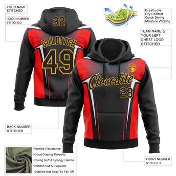 Custom Stitched Black Red White-Gold 3D Pattern Design Sports Wear Pullover Sweatshirt Hoodie