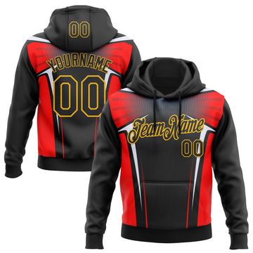 Custom Stitched Black Red White-Gold 3D Pattern Design Sports Wear Pullover Sweatshirt Hoodie