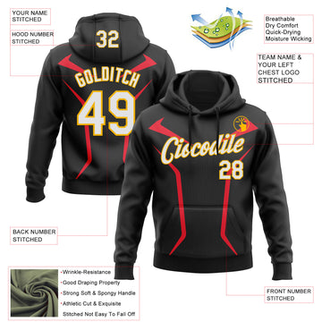 Custom Stitched Black White Red-Gold 3D Pattern Design Sports Wear Pullover Sweatshirt Hoodie