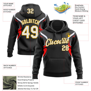 Custom Stitched Black White Red-Gold 3D Pattern Design Sports Wear Pullover Sweatshirt Hoodie