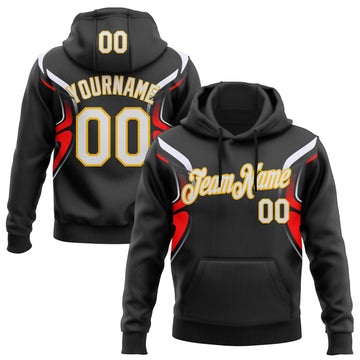 Custom Stitched Black White Red-Gold 3D Pattern Design Sports Wear Pullover Sweatshirt Hoodie