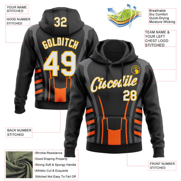 Custom Stitched Black White Gray Orange-Gold 3D Pattern Design Sports Wear Pullover Sweatshirt Hoodie