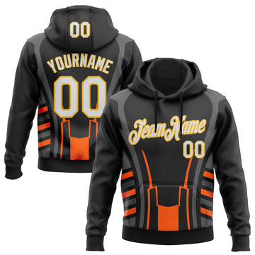 Custom Stitched Black White Gray Orange-Gold 3D Pattern Design Sports Wear Pullover Sweatshirt Hoodie