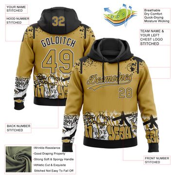 Custom Stitched Old Gold Black-White 3D Graffiti Splash Street Art Sports Pullover Sweatshirt Hoodie