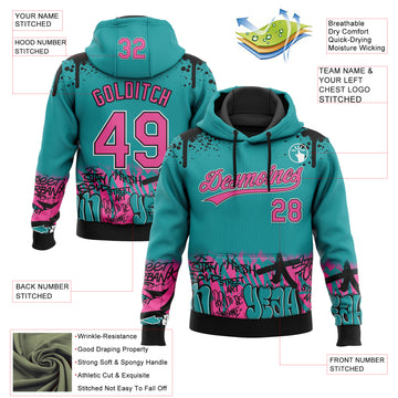 Custom Stitched Teal Pink Black-White 3D Graffiti Splash Street Art Sports Pullover Sweatshirt Hoodie