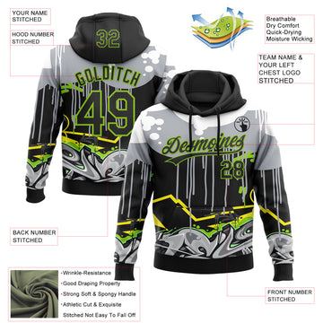 Custom Stitched Black Gray Neon Green Yellow-White 3D Graffiti Splash Street Art Sports Pullover Sweatshirt Hoodie