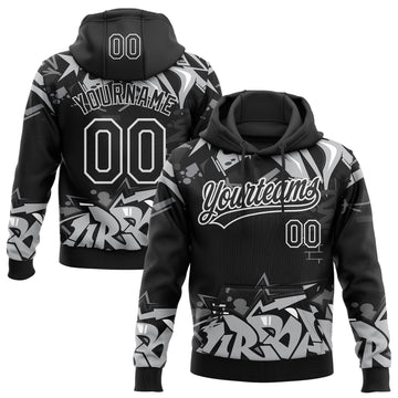 Custom Stitched Black Gray-White 3D Graffiti Splash Street Art Sports Pullover Sweatshirt Hoodie