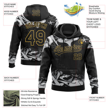 Custom Stitched Black Gray Old Gold-White 3D Graffiti Splash Street Art Sports Pullover Sweatshirt Hoodie