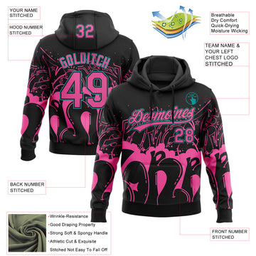 Custom Stitched Black Pink-Teal 3D Graffiti Splash Street Art Sports Pullover Sweatshirt Hoodie