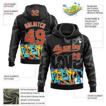 Custom Stitched Black Orange Gray-White 3D Graffiti Splash Street Art Sports Pullover Sweatshirt Hoodie