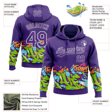 Custom Stitched Purple White 3D Graffiti Splash Street Art Sports Pullover Sweatshirt Hoodie