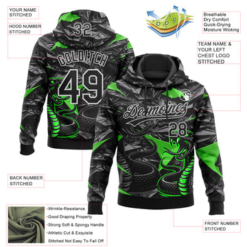 Custom Stitched Black Gray Green-White 3D Pattern Design Animal Snake Sports Pullover Sweatshirt Hoodie