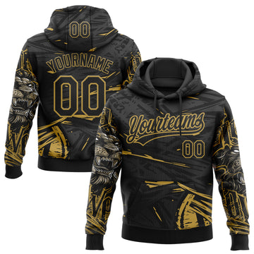 Custom Stitched Black Gray-Old Gold 3D Pattern Design Animal Lion Sports Pullover Sweatshirt Hoodie