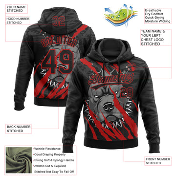 Custom Stitched Black Red Gray-White 3D Pattern Design Animal Pitbull Dog Sports Pullover Sweatshirt Hoodie