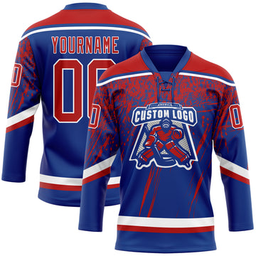 Custom Royal Red-White 3D Splash Hockey Lace Neck Jersey